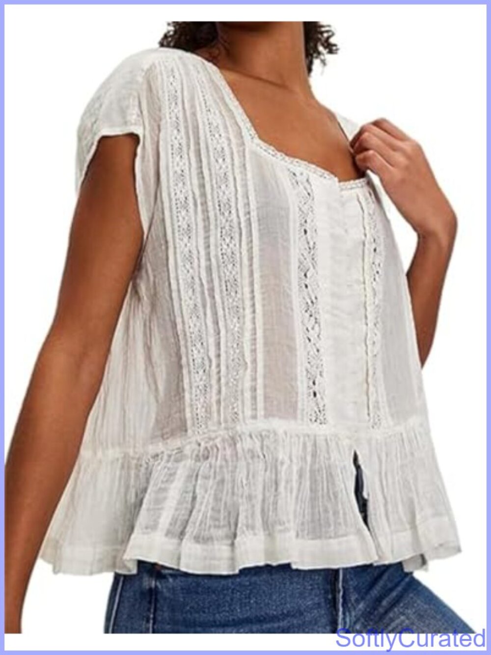 Pleated Crop Tank Top Lace Tie Front Sleeveless Semi Sheer Blouse
